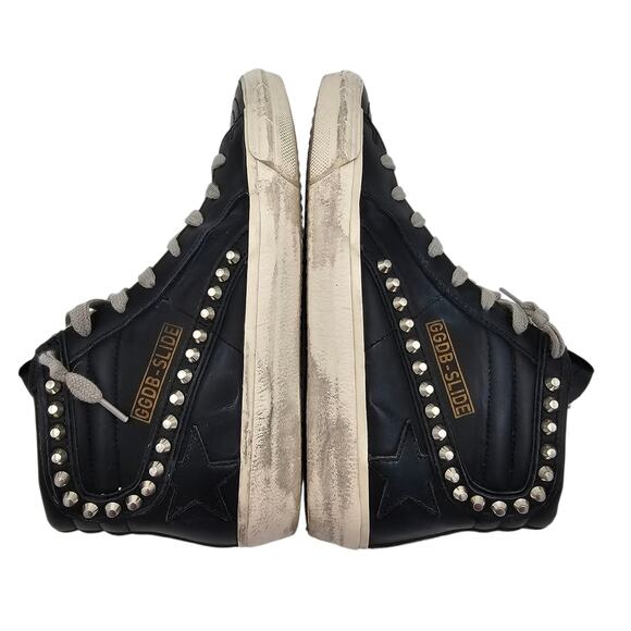Golden Goose Slide Studded High Top Zip Up Sneaker Black Leather Size 37 US 7 - Picture 5 of 11